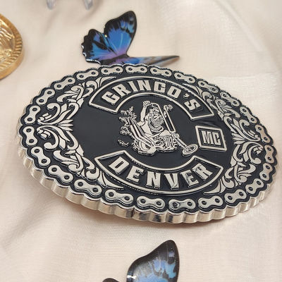 Bom preço. Logotipo 3D personalizado de motocicleta Fivela de cinto antigo com revestimento de níquel e acabamento de esmalte macio on-line